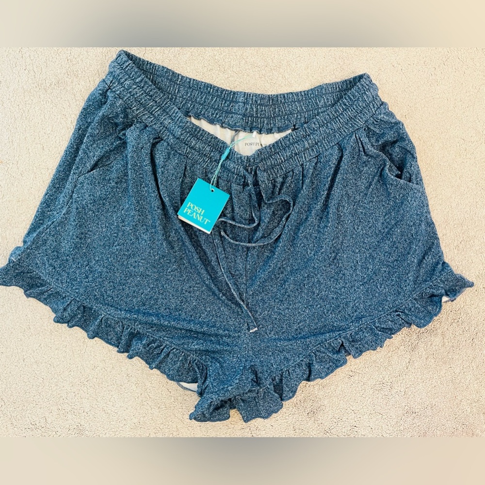 Posh Peanut Indigo Denim Women's French Terry Ruffled Shorts